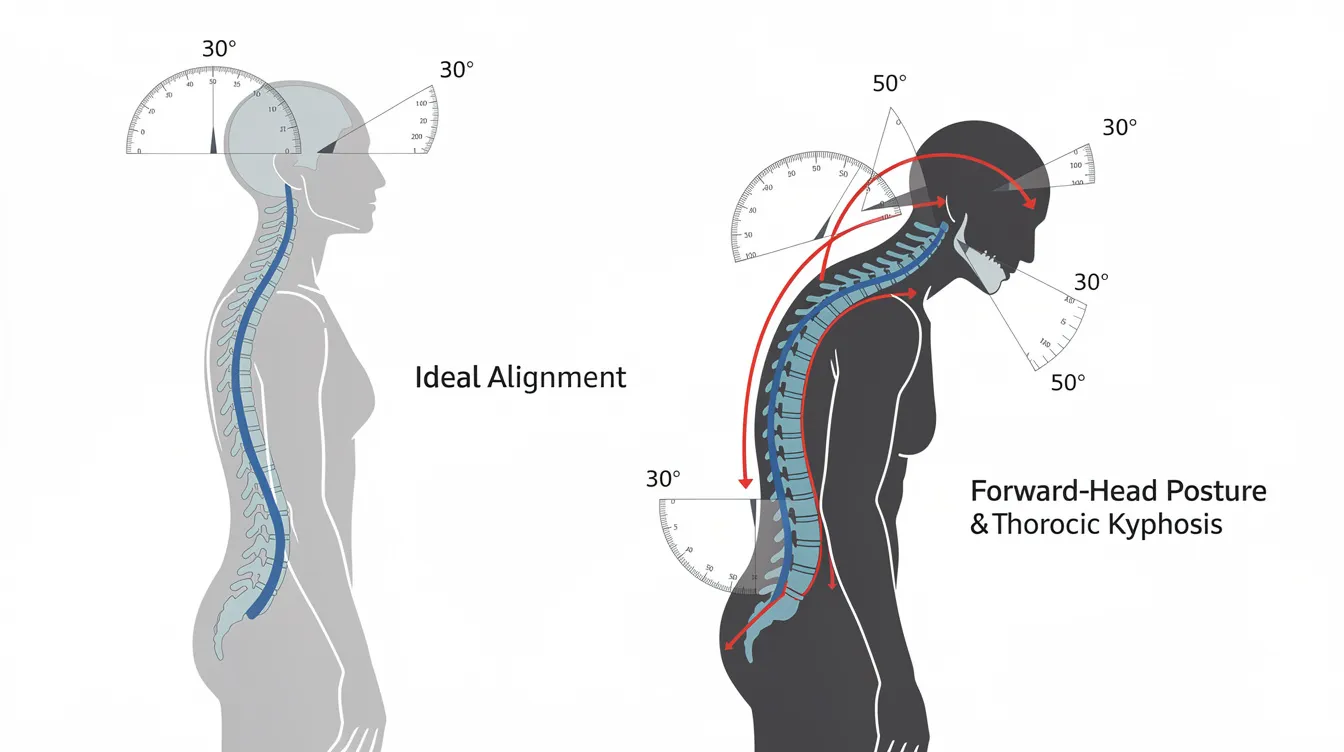 The image features side-view silhouettes illustrating ideal spinal alignment alongside examples of forward-head posture and thoracic kyphosis, complete with angle measurements. This visual comparison highlights the impact of posture on health, emphasizing the importance of chiropractic care for conditions like shoulder pain and headaches.