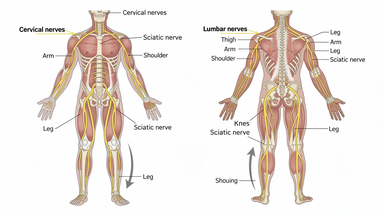 This diagram illustrates the nerve pathways connecting the lower back to the legs and the neck to the shoulders and arms, emphasizing the importance of spinal health in overall wellness. It highlights the expertise of Active Life Chiropractic in promoting a healthy lifestyle and achieving optimal results.