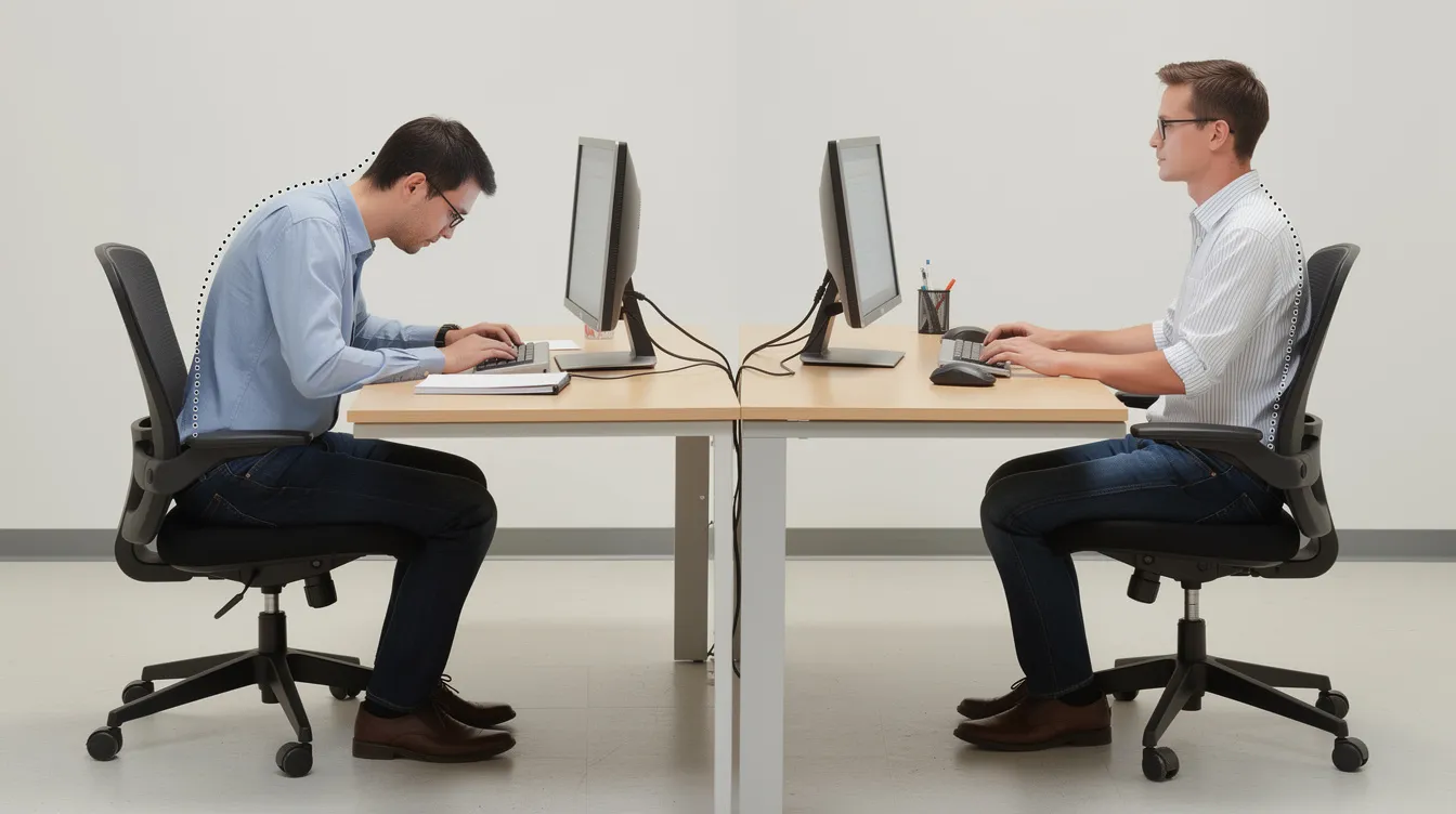 The image shows a comparison of seated desk posture before and after correction, illustrating a slouched forward position on the left and an aligned upright position on the right. This visual emphasizes the importance of proper spinal alignment for alleviating back and neck pain, promoting overall musculoskeletal health and optimizing nervous system function.